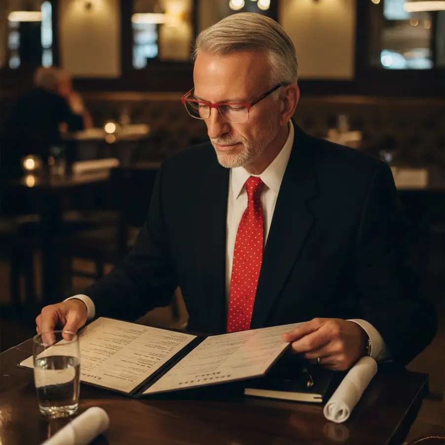 Chef Alex Silverfox as Food Critic reading a menu in a restauraant
