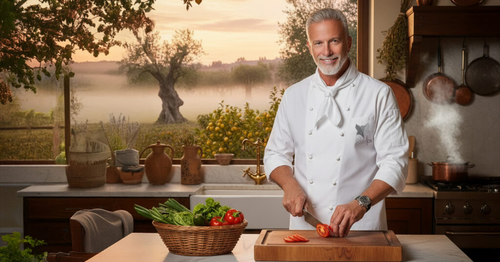 Chef Alex Silverfox, food critic and author, in a warm outdoor setting in a tuscan Villa